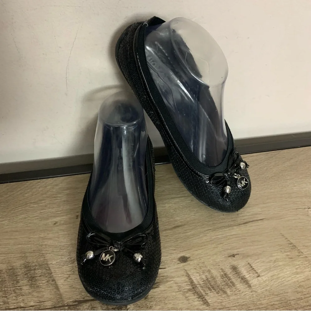 Girls MICHAEL KORS Black SEQUIN Slip On BALLET Bow FLATS Shoes Size 4